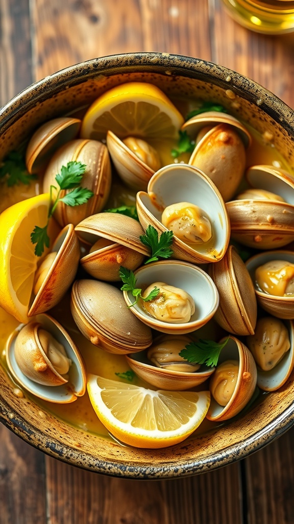 A bowl of garlic butter clams with parsley and lemon, on a wooden table.